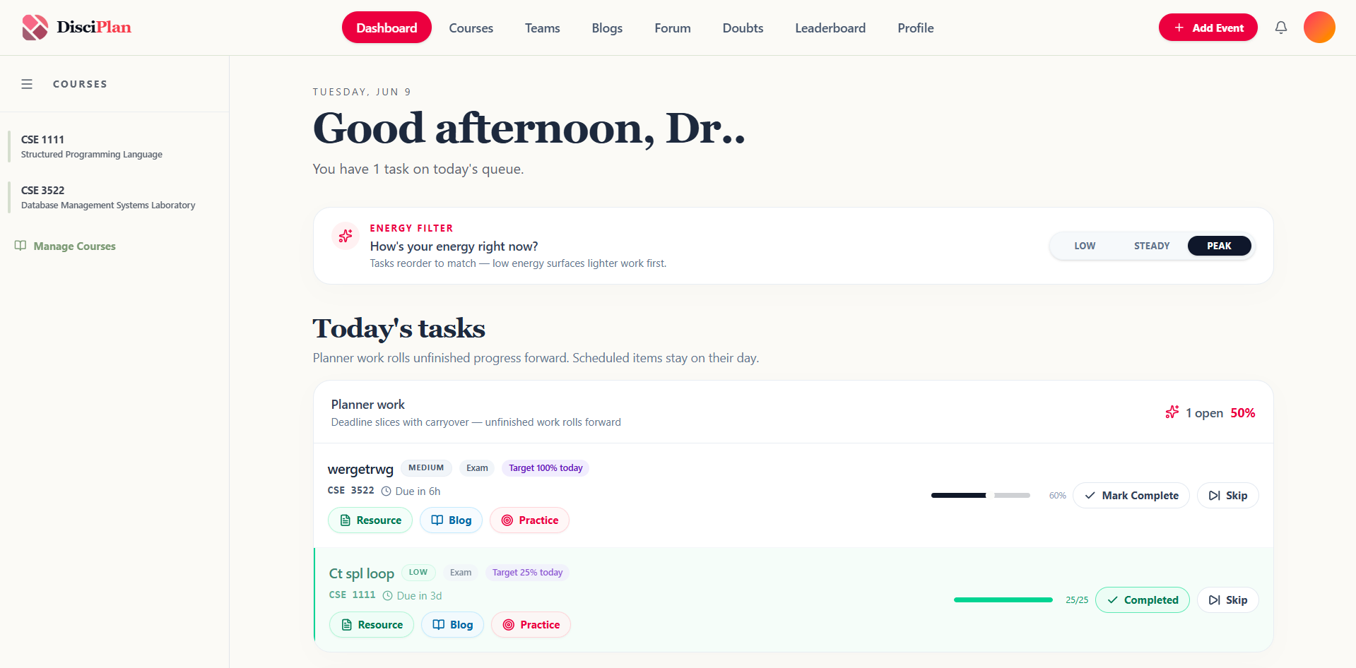DisciPlan dashboard with daily tasks and energy filter